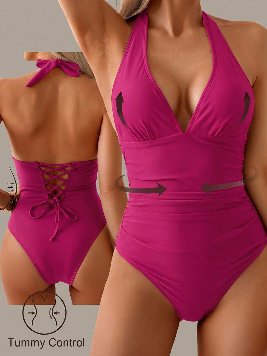 Shapewave Tummy Control One-Piece Swimsuit With Solid Color Design, Halter Neck And Criss-Cross Back Holiday Beach Holiday Summer - Red Violet - View 1
