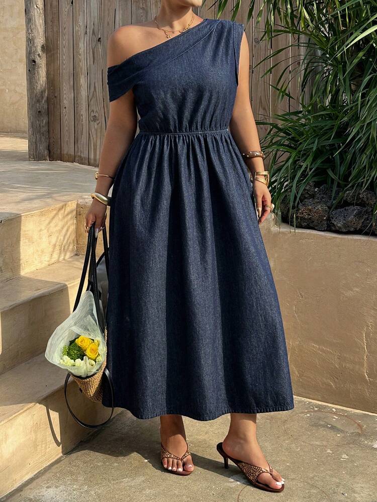 Dazy Plus Dark Wash Blue Vacation Style Off-Shoulder Cinched Waist Maxi Denim Dress, Casual For Plus Size Women
