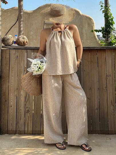 Dazy Plus Spring & Summer Loose Casual Vacation Style Sleeveless Top And Wide Leg Pants 2 Pieces Set, Plus Size