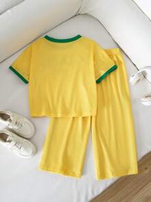 SHEIN Young Girl Letter Print Contrast Color Round Neck Short Sleeve T-Shirt And Casual Pants Set - Multicolor - View 5