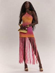 SHEIN BAE High-End Halter Backless Patchwork Tassel Dress For Women,Pink And Orange Summer Day Party Holiday Vacation Holiday Evening Gown - Multicolor - View 7