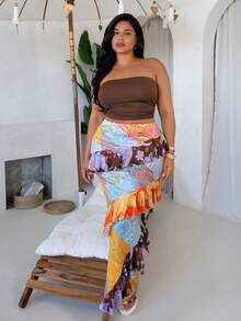 Slaydiva Plus Size Women's Two Pieces Set,Pink,Summer,Boho,Vacation,Holiday,Solid Sleeveless Strapless Cropped TopRuffled Patchwork Print Maxi Skirt Beach - Multicolor - View 3