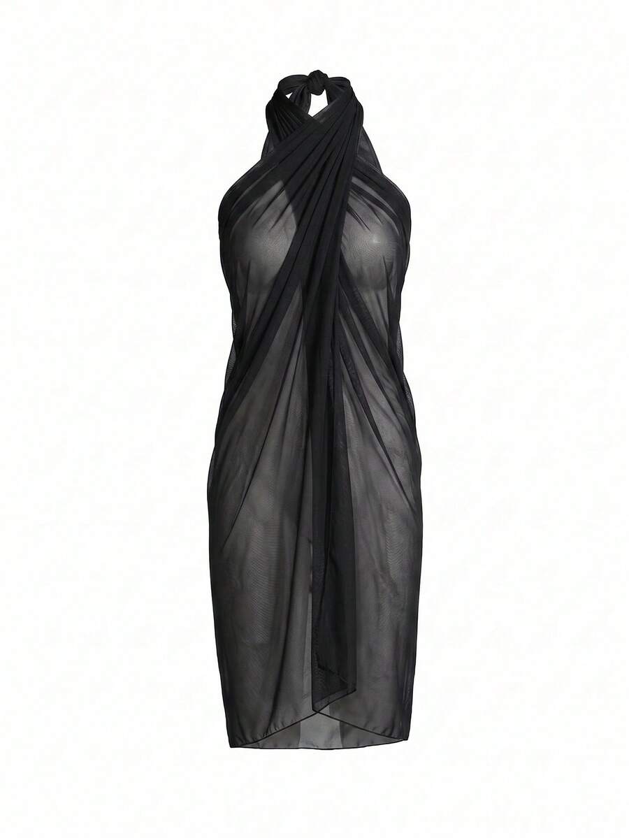 Slaydiva Plus Size Women's Wrap Skirt One-Piece Style Vacation Chiffon Beach Cover Up - Black - View 1