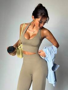 BamGleam Women's Solid Color Minimalist Halter Top And Pants Sports Suit Workout Sets - Khaki - View 4