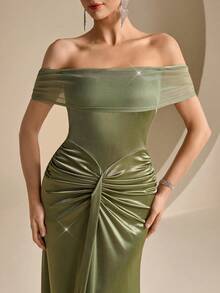 Coutiva Vestido de noche formal de sirena con hombros descubiertos (muy enjoyado) para mujer - Verde - Ver 6