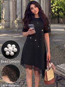 Lacomfia Women's Black Summer Elegant Tea Party Dress,Boat Neck Bubble Bead & Lace Trim Knit Mid-Length Casual Dress,Pearl Pin New Arrival Goth Style Dress - Black - View 14