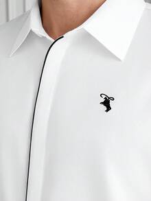Core Aspect Men's Solid Color Embroidered Contrast Placket Design Business Casual Short Sleeve Shirt, Formal - White - View 8