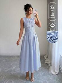 SHEIN LUNE Women's Summer Blue And White Stripe Round Neck Waist Gathered Maxi Dress,Elegant Holiday Vacation Holiday,Casual Resort Style Street Outfit - Blue and White - View 3