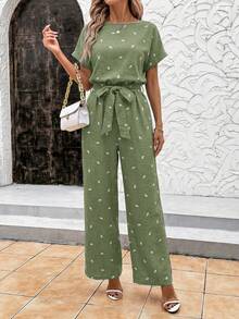 Editum Quần ống rộng nữ kiểu dáng thanh lịch, cổ tròn, cạp chun, thích hợp mặc hàng ngày và đi nghỉ mát mùa hè. - màu xanh lá - Xem 4
