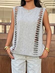 Muchica Áo tank top nữ gợi cảm, thời trang, khoét eo, dáng rộng, thích hợp cho mùa hè. - Xám - Xem 4