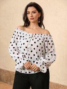 Juhart Áo kiểu nữ cỡ lớn trễ vai, tay phồng, thắt nơ, họa tiết hoa, thích hợp cho tiệc tùng/nghỉ dưỡng, phong cách lãng mạn, thanh lịch. - Đen và trắng - Xem 3