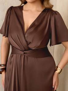Roveilla Women's Spring/Summer Elegant Delicate Acetate Single-Sided Linen Music Festival Office Commute Casual Vacation Afternoon Tea Party Romantic High-End Sexy Shirred Ruched Waist Twist Knot A-Line Coffee Brown Long Dress - Coffee Brown - View 8