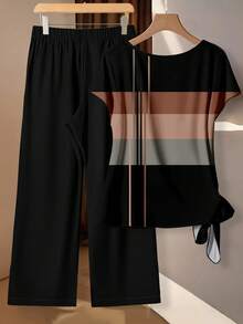 SHEIN VCAY 2pcs Casual Minimalist Colorblock Striped Print Tie Bow Blouse & Loose Straight Leg Pants Set, Suitable For Spring/Summer - Multicolor - View 2