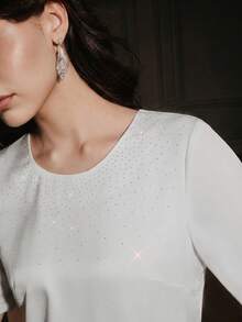 Anewsta Đầm midi ôm sát cổ tròn đính đá lấp lánh dành cho nữ, kiểu dáng thanh lịch và quyến rũ, thích hợp cho mùa hè. - trắng - Xem 1