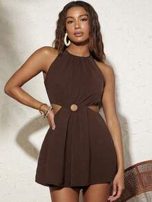 Travachic Vacation Solid Color Hollow Out Halter Romper For Women - Coffee Brown - View 3