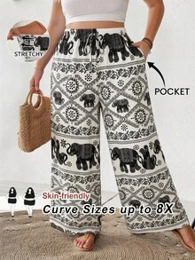 SHEIN CURVE+ 女士休闲大象印花宽松裤波西米亚风长裤图案阔腿夏季裤阔腿裤女款 - 黑與白 - 查看 5