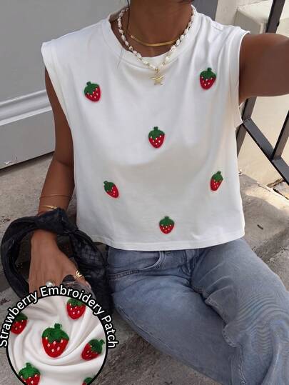 Siren Gaze Women's White Solid Tank Top With Strawberry Embroidery - Sweet Soft Girl Elegant & Refined Style, Perfect For Work, Commuting, Dates, Western Festivals & Spring/Summer Casual Wear; Breathable Retro Y2K Streetwear Rave Top For Clubs, Gym, Music Festivals & Daily Outfits