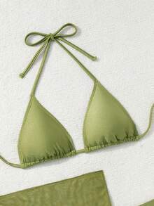Swim Vcay Conjunto de Maiô Feminino Três Peças Estilo Europeu e Americano Sexy com Costas Abertas para Primavera e Verão, Roupa de Praia Feminina Cor Sólida com Decote Halter e Amarração nas Costas, Saia de Tela da Moda, Design Moderno e Sexy, Adequado para Praia, Lua de Mel e Férias, Conjunto de Maiô Bikini - Verde - Visão 6