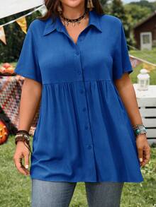 EMERY ROSE Short Sleeve Blue Button-Up Shirt, Casual Vacation Shirt With Longer Back, Plus Size, Suitable For Spring & Summer  Summer Spring Clothing Country Sty - Royal Blue - View 4