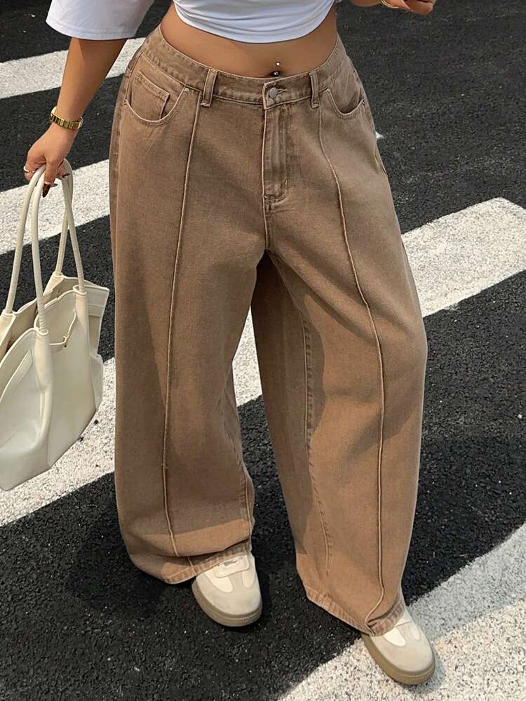 Dazy Plus Street Style Distressed Decor Casual Loose Flared Jeans, Washed Brown, Plus Size Women Long Denim Pants