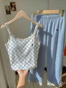 SHEIN EZwear 女士休闲黄色蕾丝边吊带背心和条纹裤两件套，返校季米黄色两件套 - 淺藍色 - 查看 4