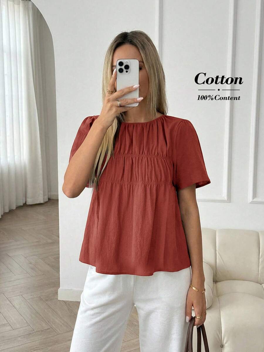Easowa Women's Solid Color Round Neck Short Sleeve Pleated Casual Shirt,Summer Top - Red - View 1