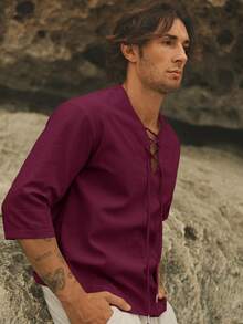 HIMLAND Loose Fit Men's Lace Up Front Drop Shoulder High Low Hem Top Vacation Maroon Autumn Tropical - Burgundy - View 4