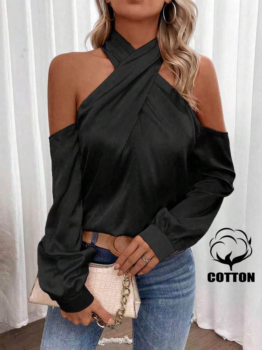 SHEIN Blusa elegante de hombros descubiertos y cuello halter de color liso para uso diario - Negro - Ver 1