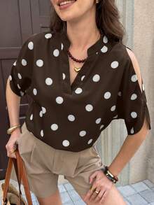 Clasi Blusa de camisa blanca con hombros descubiertos y manga dividida - Café integral - Ver 3