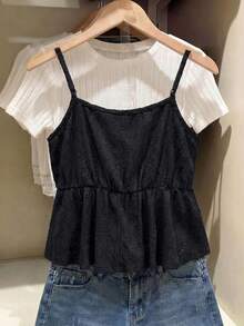 SHEIN Frenchy 大码女式V领收腰纹理休闲百搭背心 - 黑色 - 查看 2