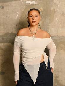 Lele Munniz Blusa de manga larga con cuello y bajo asimétricos y cordón para mujer de talla grande y unicolor - Blanco - Ver 5