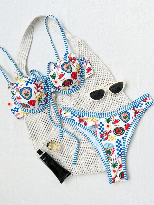 Bonvoyette Set de 2 piezas Traje de baño tipo bikini casual para vacaciones con estampado de animales marinos, tirantes de espagueti, soporte interior y ribete de contraste para mujeres