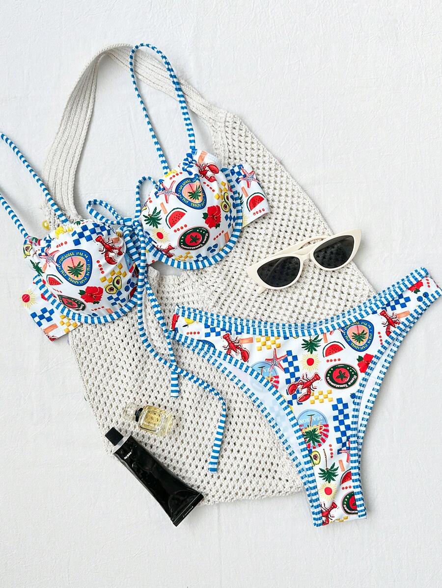 Bonvoyette Set de 2 piezas Traje de baño tipo bikini casual para vacaciones con estampado de animales marinos, tirantes de espagueti, soporte interior y ribete de contraste para mujeres - Multicolor - Ver 1
