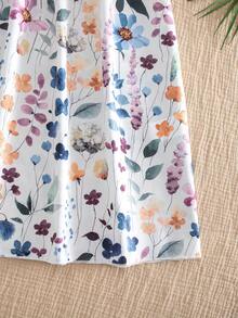 SHEIN Elladie kids 少女印花复古图案短袖收腰连衣裙 - 白色 - 查看 9