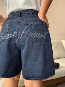 Dazy Plus Quần short Bermuda denim ống rộng màu xanh đậm, thêu nơ, có túi sau, thích hợp cho mùa xuân/hè. - Rửa trung bình - Xem 8
