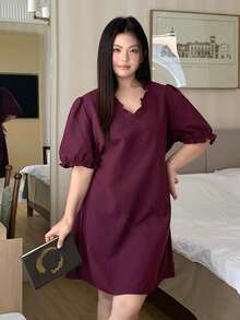 Dazy Plus Plus Size Women's Gingham Ruffle Trim Short Casual Dress, Sweet Home Dress For Spring & Summer Pajamas - Burgundy - View 6