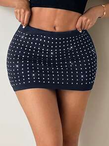 SHEIN SXY Váy/quần thời trang nữ đính đá lấp lánh, màu xanh navy. - Màu xanh hải quân - Xem 5