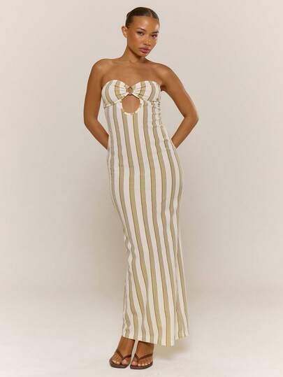 MUSERA Striped Ring Detail Cut Out Fitted Maxi Dress Spring Summer Vacation Holiday Casual Elegant Wedding Guest Races