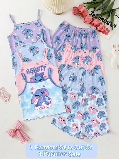 SHEIN [4 Bộ Ngẫu nhiên, 1 Bộ Bao Gồm] Bộ đồ hè 2 mảnh cho bé gái: Áo hai dây in hình thỏ và nơ màu xanh dương kết hợp với quần short viền bèo nhún, chất liệu vải dệt kim, thoải mái và mềm mại, thích hợp mặc ngủ/mặc ở nhà, áo hai dây cổ tròn phù hợp cho cả đi chơi và ở nhà, màu xanh dương/hồng/tím, họa tiết kẻ caro ngọt ngào, phong cách nữ tính thường ngày.
