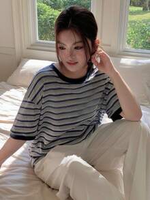 Dazy Plus Conjunto de pijama a rayas cómodo para mujer de talla grande para verano - Azul - Ver 2