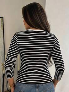 Dazy Plus Partial Zip-Up Elastic Fitted Solid Color Versatile Long Sleeve Black T-Shirt, Spring/Summer/Autumn - Black and White - View 4
