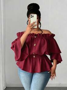 Maweii Blusa elegante de hombros descubiertos con volantes en el bajo, unicolor, talla grande, primavera/verano - Burdeos - Ver 8