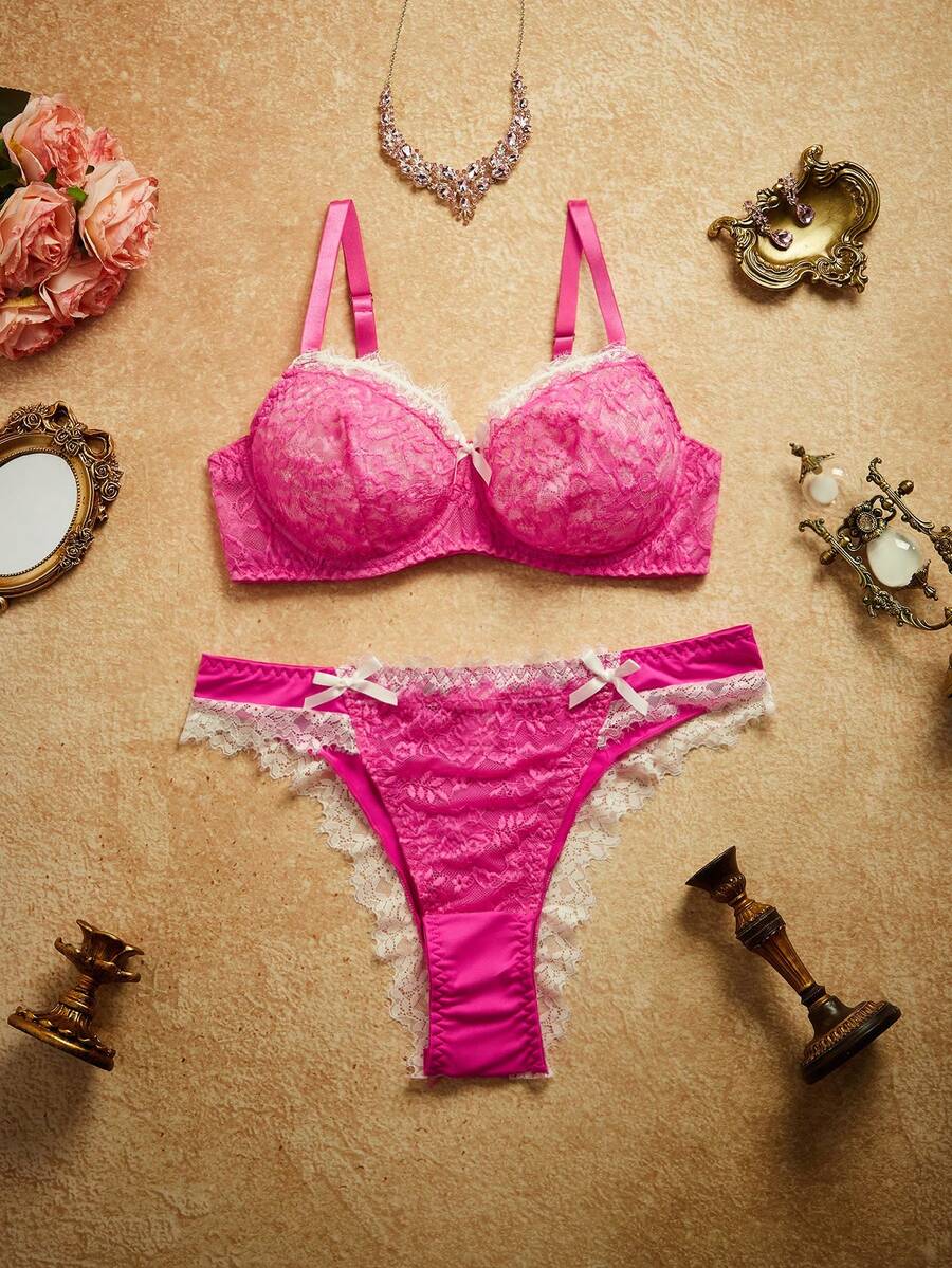 PinupPomp 2pcs 3/4 Cup Underwire Padded Bra Set, Lace Patchwork Floral Lace Comfy Balconette Vintage Sexy Romantic Plus Size Lingerie Set Hot Pink Summer - Hot Pink - View 1