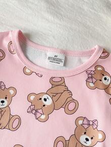 SHEIN 女童贴身睡衣套装，短袖上衣和打底裤，可爱卡通熊图案设计，面料柔软舒适，适合儿童居家穿着，促进健康成长 - 粉色 - 查看 3