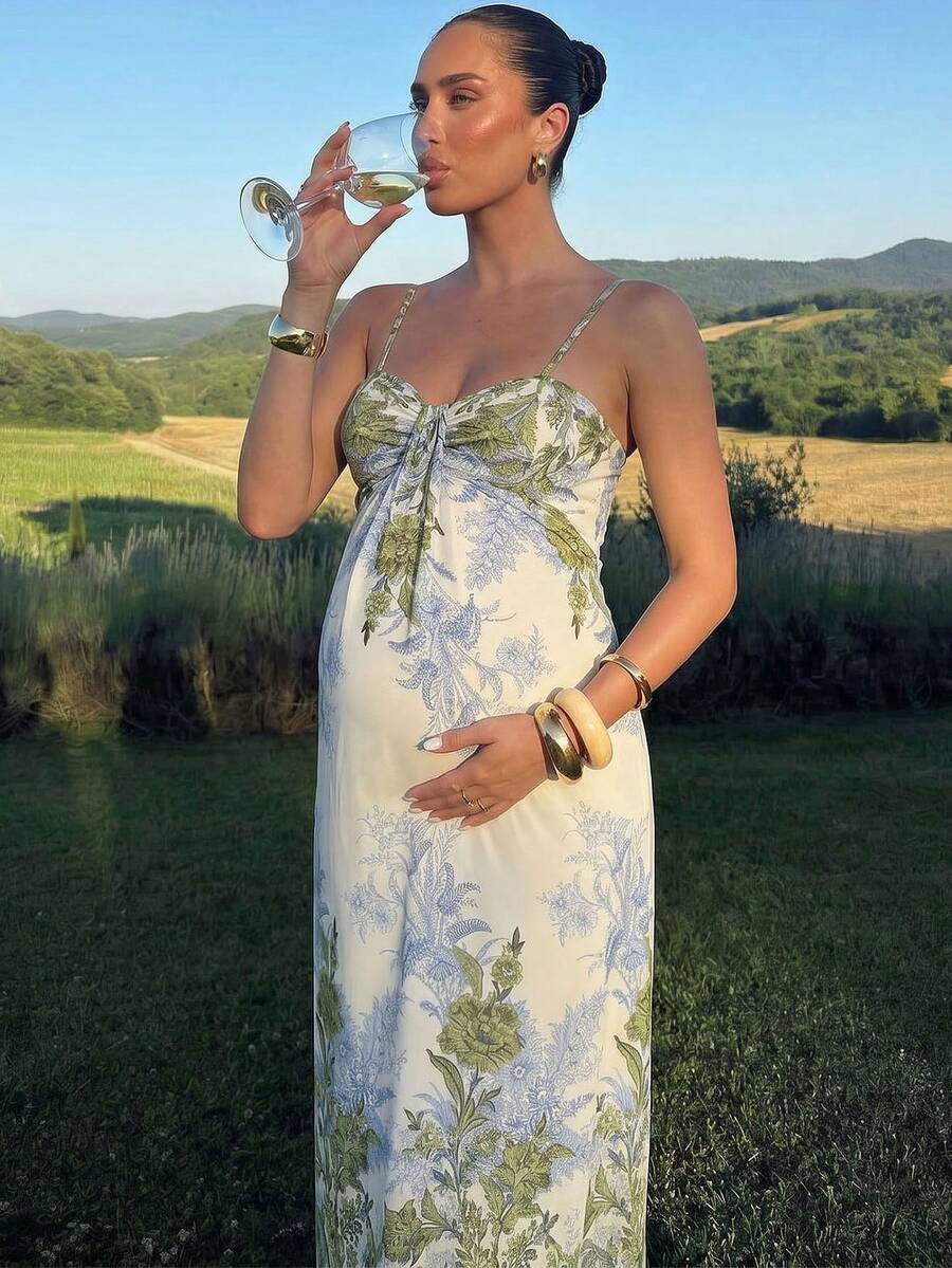 MaterniChic Floral Print Casual Vacation Maternity Slip Dress For Summer Elegant Outfits Luxury Evening Photoshoot Baby Shower Wedding Guest Light Blue - Multicolor - View 1