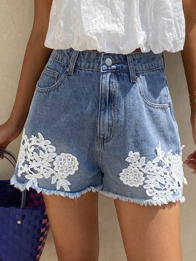 Livesso Shorts di jeans casual da donna con decorazione floreale 3D