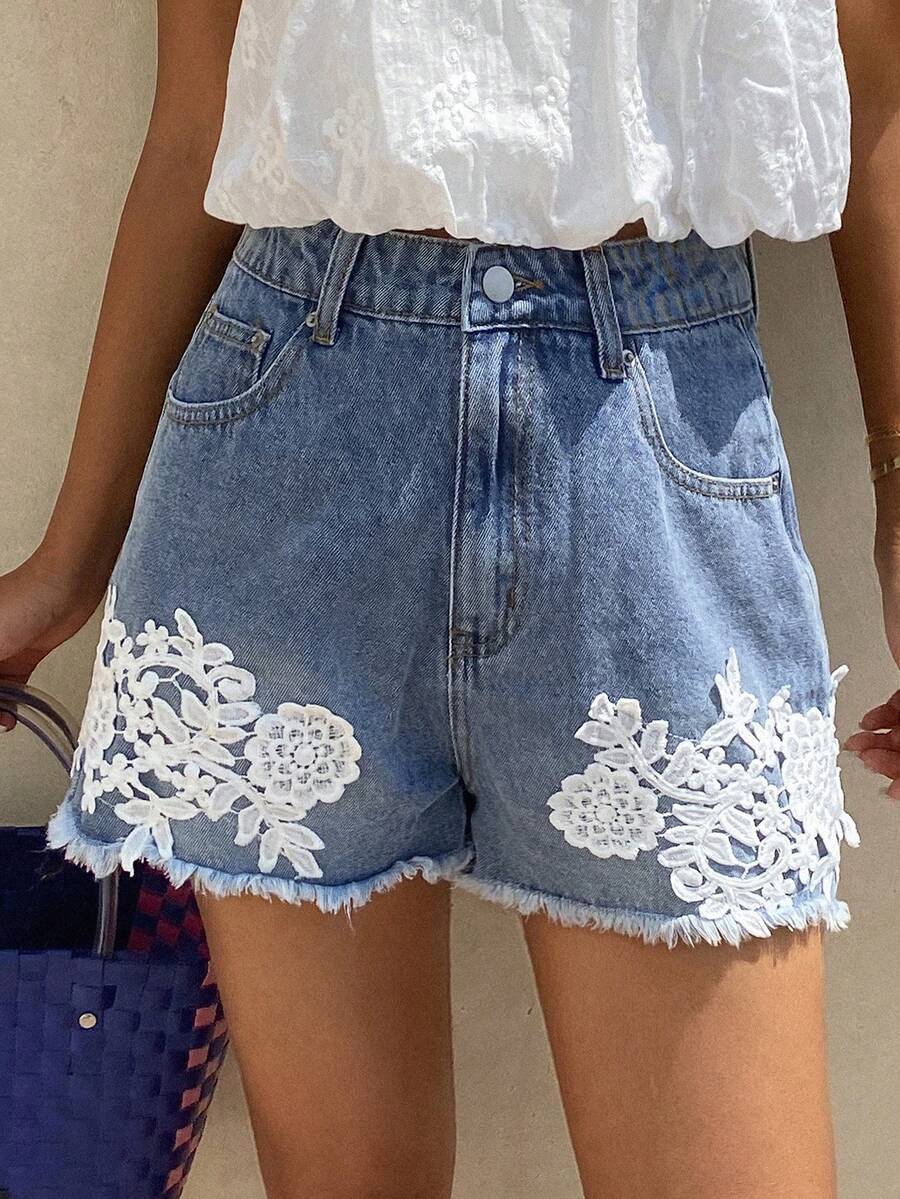 Livesso Quần short denim nữ thêu họa tiết, đa năng, có túi cài nút, thích hợp cho kỳ nghỉ. - Màu xanh lam - Xem 1