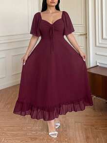 Vibekara Gaun A-Line Lengan Ruffle Leher V Kasual Ukuran Besar, Elegan dan Nyaman untuk Beraktivitas di Luar Ruangan - Burgundy - View 5