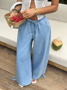 Sunnyshic Quần jeans nữ thời trang thường ngày, cạp chun, dáng rộng, ống loe, có dây rút, kiểu dáng thoải mái, thích hợp đi nghỉ mát và đi làm. - Rửa nhẹ - Xem 5