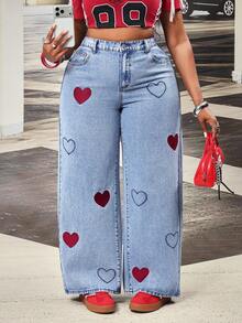 SHEIN CURVE+ Jeans rectos de talle alto con bordado de corazón para mujer de talla grande en azul claro - Lavado ligero - Ver 5